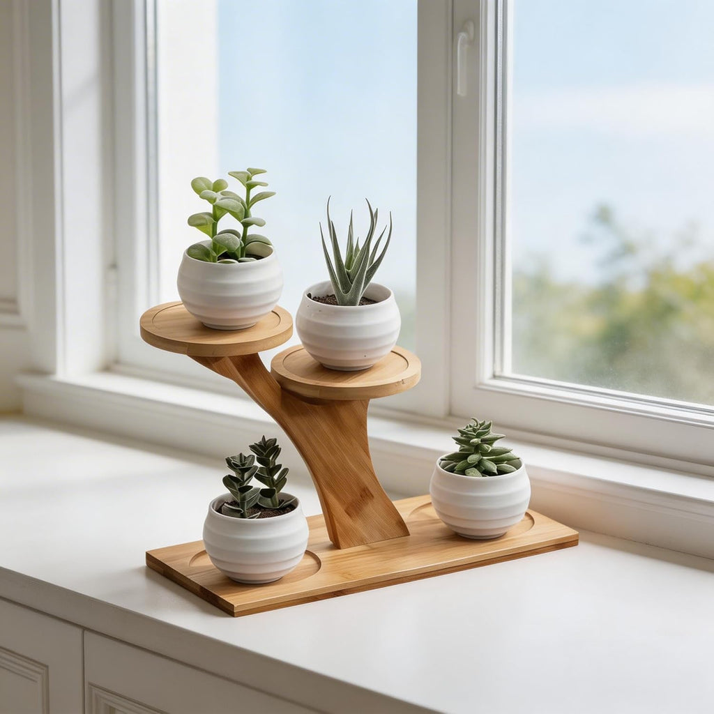 Small Bamboo Plant Stand - 3 Tier Window Plant Shelf for Indoor Plants | Wooden Flower Stand & Tabletop Plant Holder for Windowsills