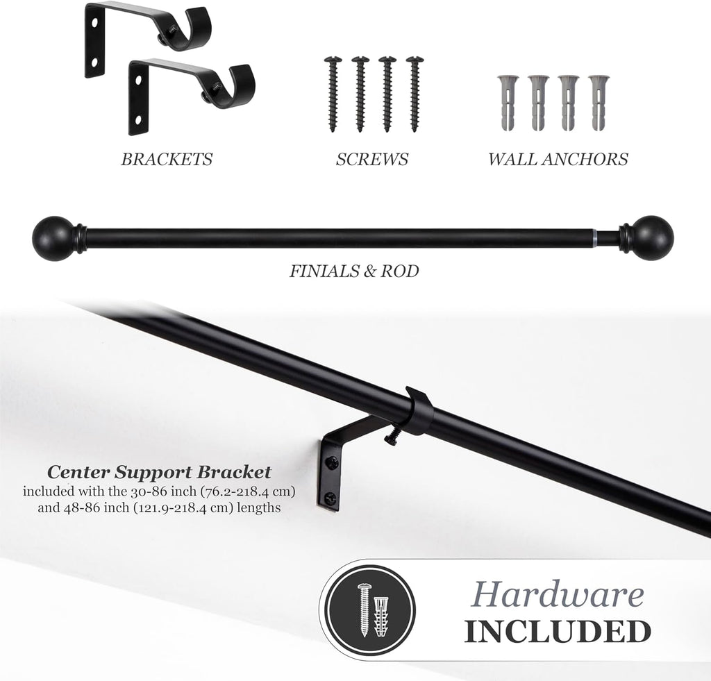 Kenney Chelsea Ball End Window Curtain Rod, Adjustable Curtain Rod for Windows 28 to 48 Inches, Extendable Curtain Rod Set, Black Curtain Rod