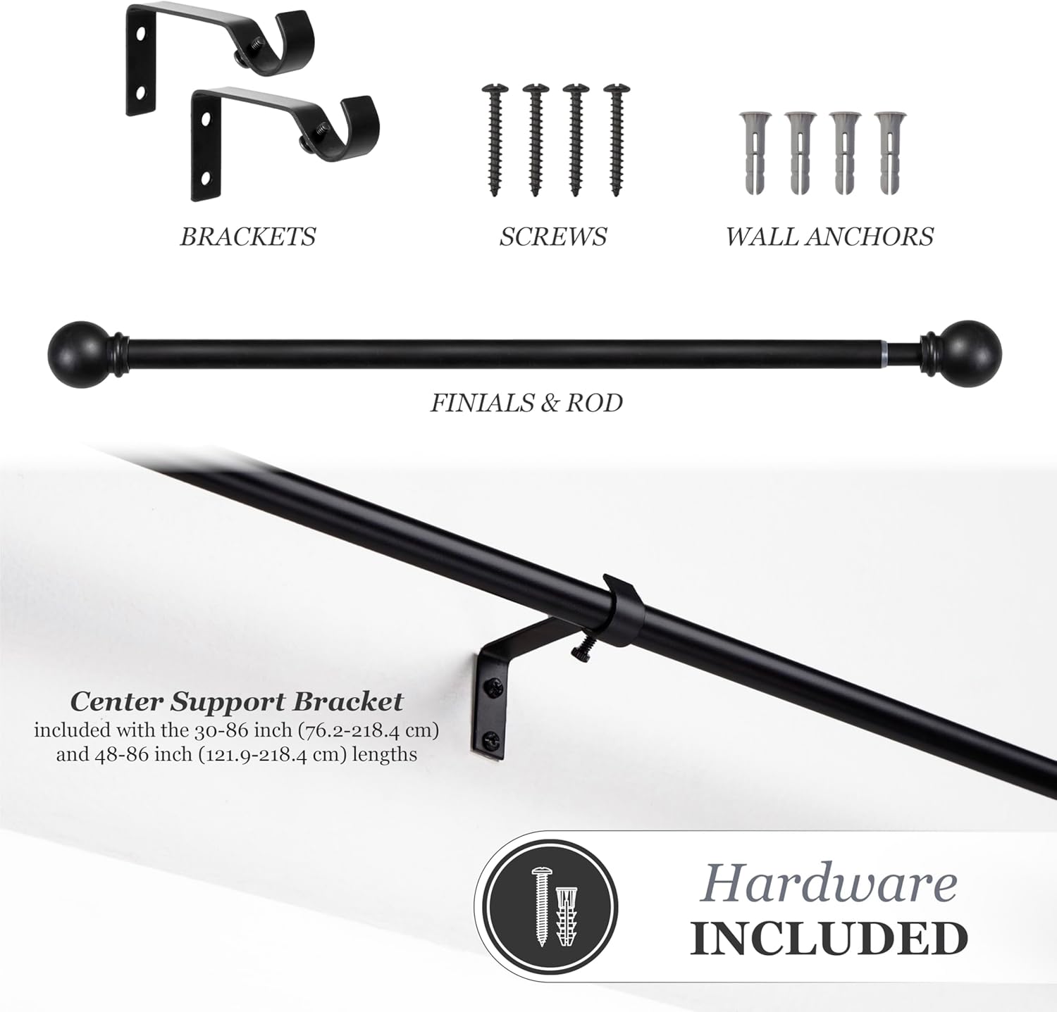 Kenney Chelsea Ball End Window Curtain Rod, Adjustable Curtain Rod for Windows 28 to 48 Inches, Extendable Curtain Rod Set, Black Curtain Rod