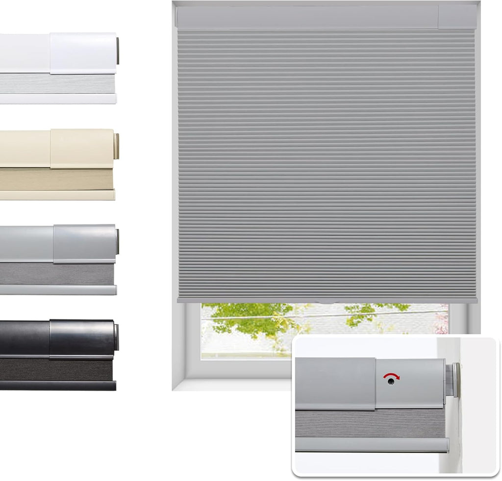 Tonature No Drill Cellular Shades for Indoor Windows, Thermal Insulating & Noise Reducing Honeycomb Blinds, Free Stop Cordless Blackout Shades, Grey, 22" W x 64" H