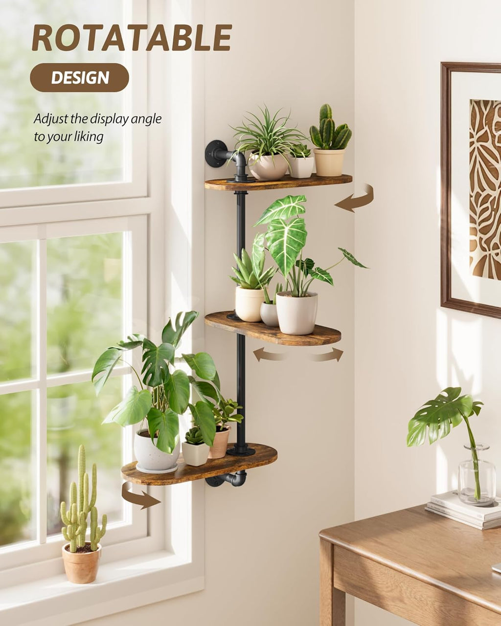 Gentingbro Window Plant Shelves 3-Tier Rotating Plant Stand Industrial Rustic Window Plant Shelf Wood Wall Mount Decorative Hanging Plant Stand Enhanced Indoor Plants Light Exposure Gift Idea for
