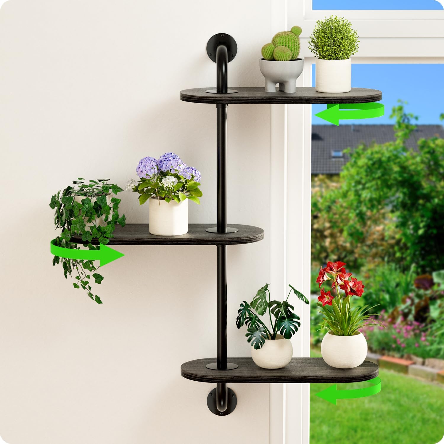 Rotating Window Plant Shelves 3-Tier Pipe Shelves, Wooden Indoor Window Sill Plant Shelf, Window Plant Shelf for Small Spaces, Flower Pots, Organizer, Storage Wall Decor, Window Plant Holder