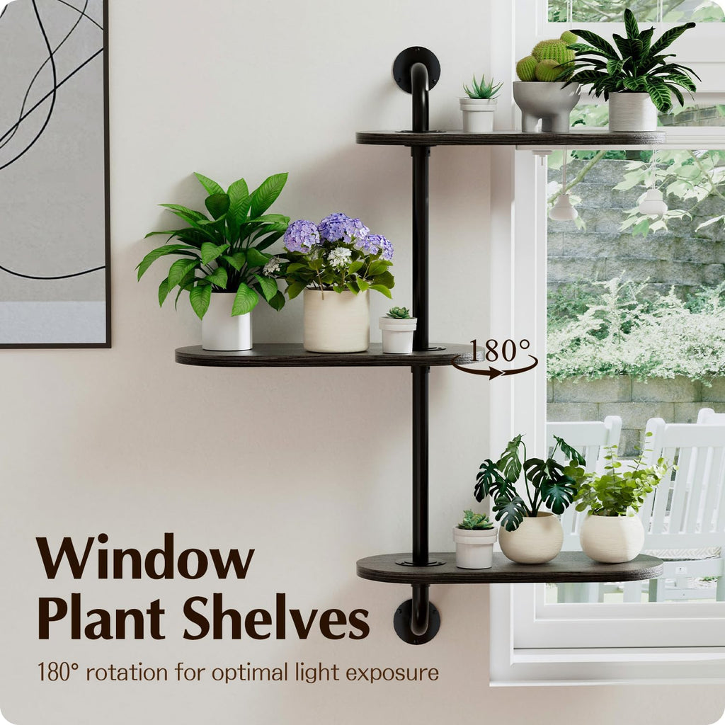 Rotating Window Plant Shelves 3-Tier Pipe Shelves, Wooden Indoor Window Sill Plant Shelf, Window Plant Shelf for Small Spaces, Flower Pots, Organizer, Storage Wall Decor, Window Plant Holder