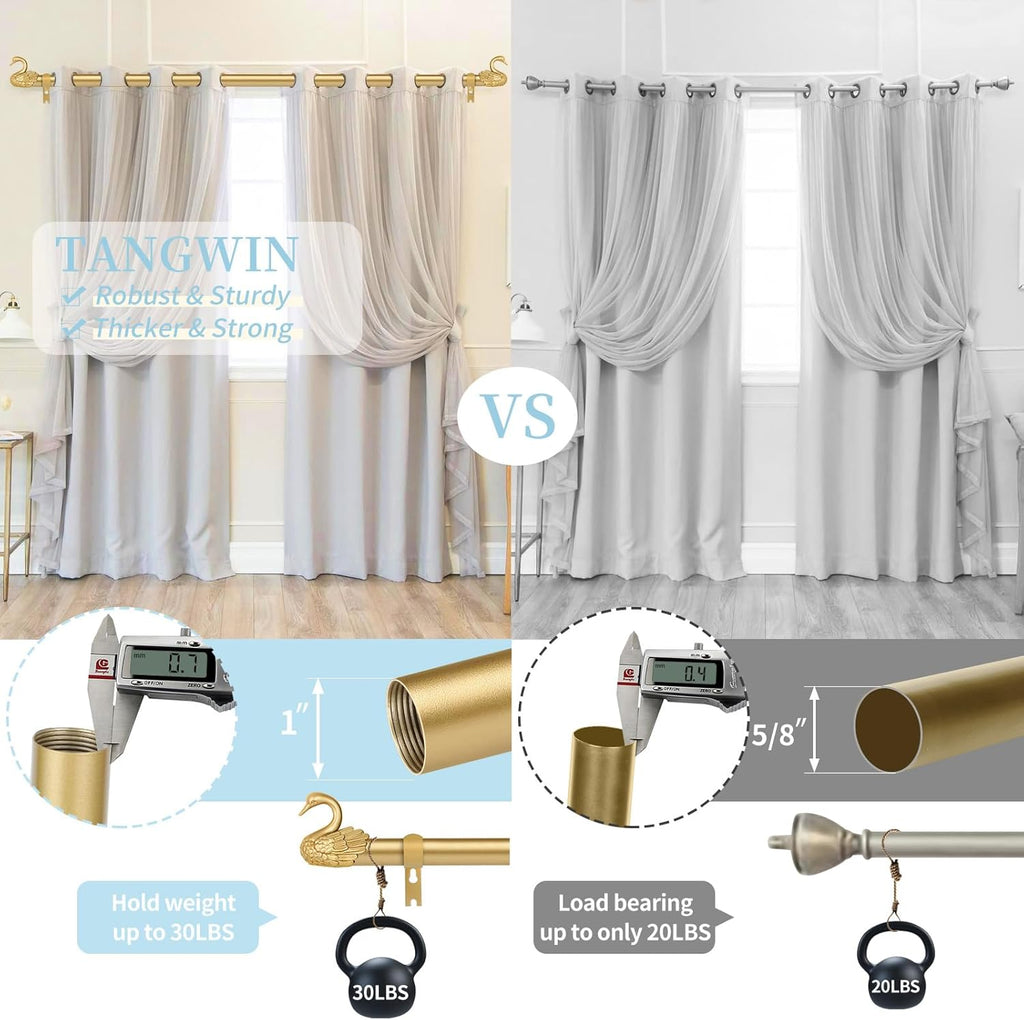 TANGWIN 2 Pack Gold Curtain Rods 48 to 84 Inch,1 Inch Heavy Duty Curtain Rods with Brackets,Adjustable Curtain Rod Set,Decorative Swan Finials Drapery Pole,Single Rod for Bedroom 36-88",Brass Gold