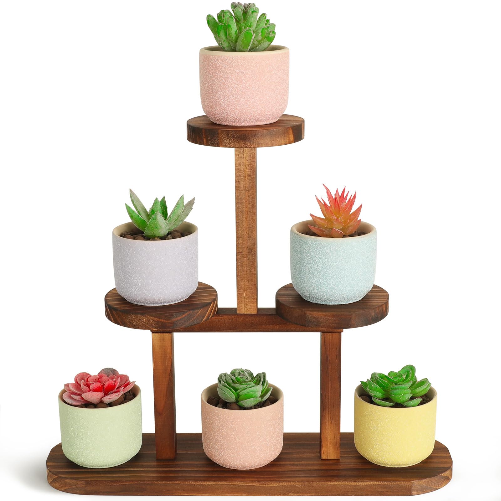 3 Tier Table Top Plant Stand Wooden Round,Small Window Sill Plant Shelf Indoor,Mini Desk Flower Succulent Stand Holder Rack,Little Display Stand for Desktop,Windowsill,Countertop,Kitchen,Oil Painting