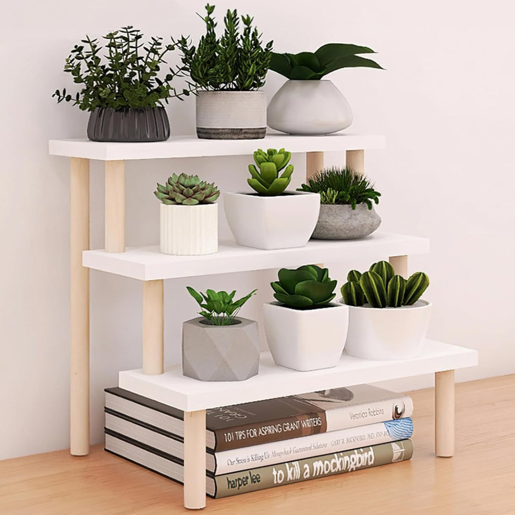 Eorbow 3-Tier Desk Succulent Stand, 14" Windowsill Plant Ladder Shelf, Wooden Multi Tiered Flower Pot Holder, Indoor Plants Display Rack, Desktop Storage Organizer for Cupcake Spices