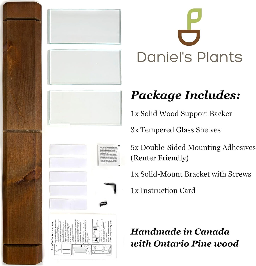 Daniel's Plants 3-Tier Modern Window Sill Plant Shelf (Real Wood & Glass) | No-Drill, Easy Setup | Solid Wood (Woodland Brown)