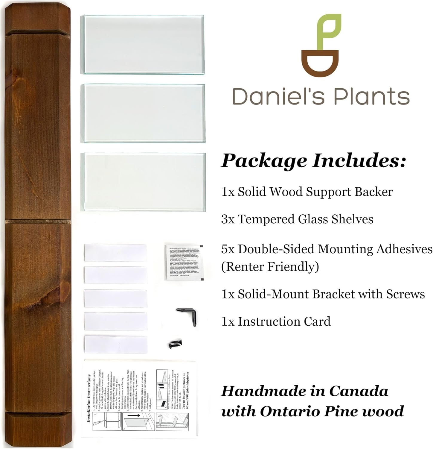 Daniel's Plants 3-Tier Modern Window Sill Plant Shelf (Real Wood & Glass) | No-Drill, Easy Setup | Solid Wood (Woodland Brown)
