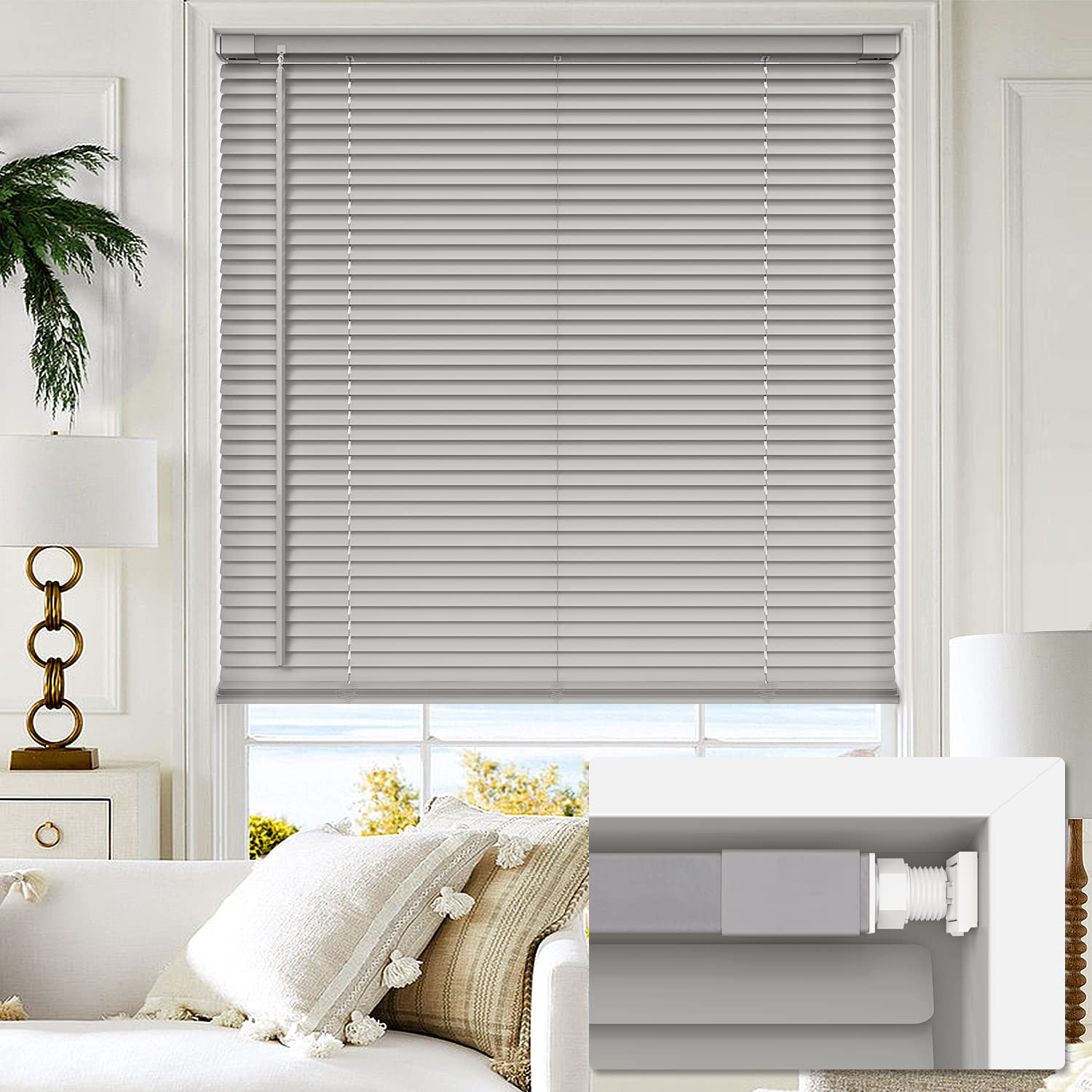 LazBlinds No Tools No Drill 1" Vinyl Mini Blinds, Cordless Blinds for Windows, Light Filtering Horizontal Window Blinds & Shades, 23" W x 36" H, White