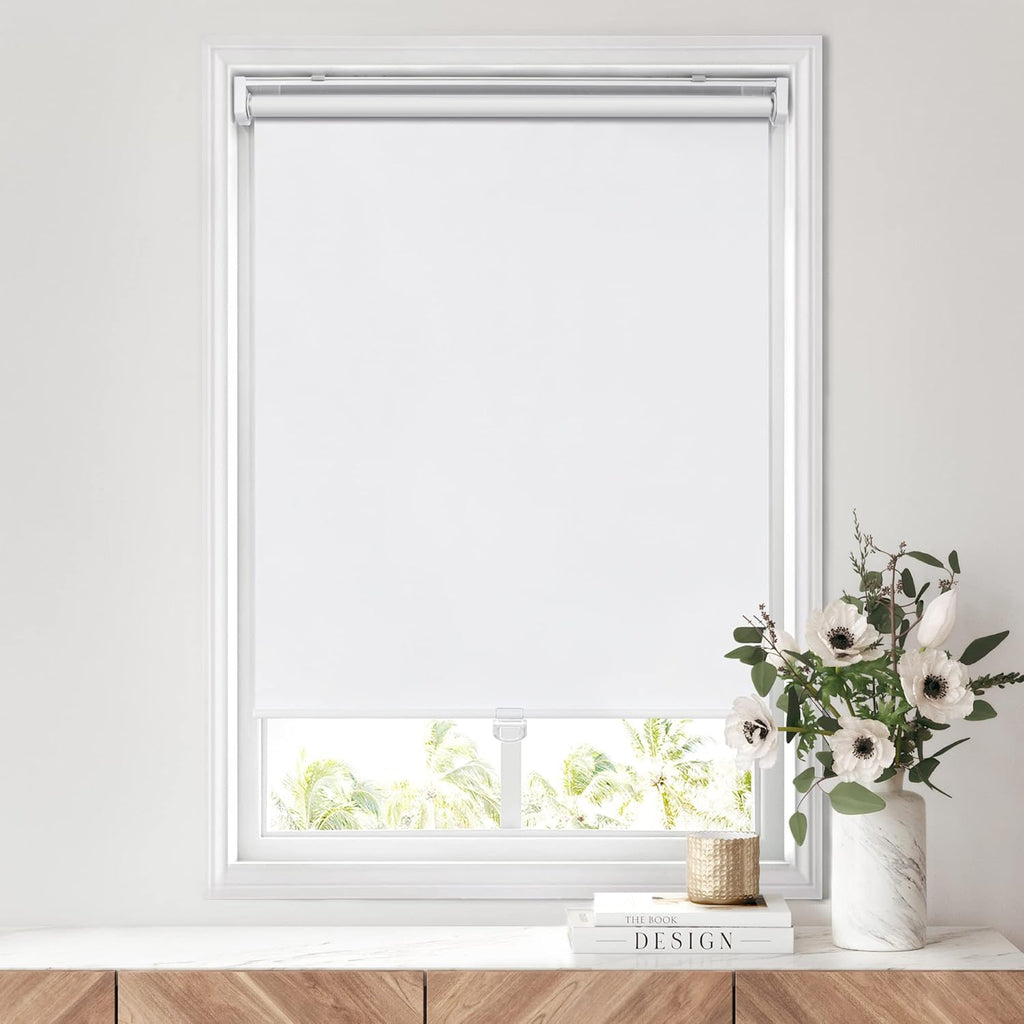 LazBlinds No Tools No Drill Cordless Roller Shades, 100% Blackout Roller Blinds for Windows, Thermal Insulated UV Protection Waterproof Roll Up Window Blinds and Shades, 28'' W x 72'' H, White