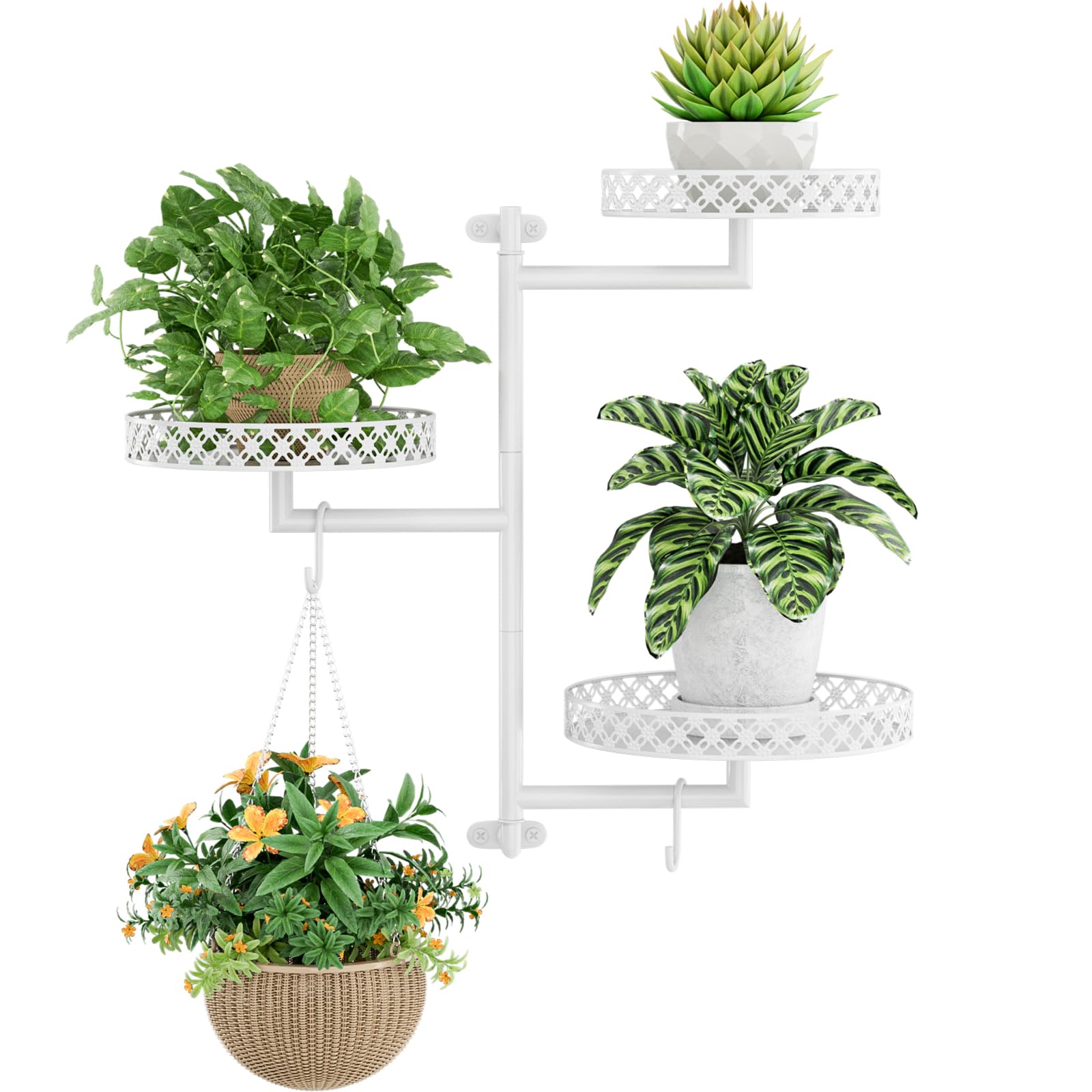 OVICAR Rotating Window Plant Shelves - Indoor Wall Plant Stand 3-Tier Floral Metal Window Shelf Holder for Multiple Plants with Hanging Hooks Home Decor Black
