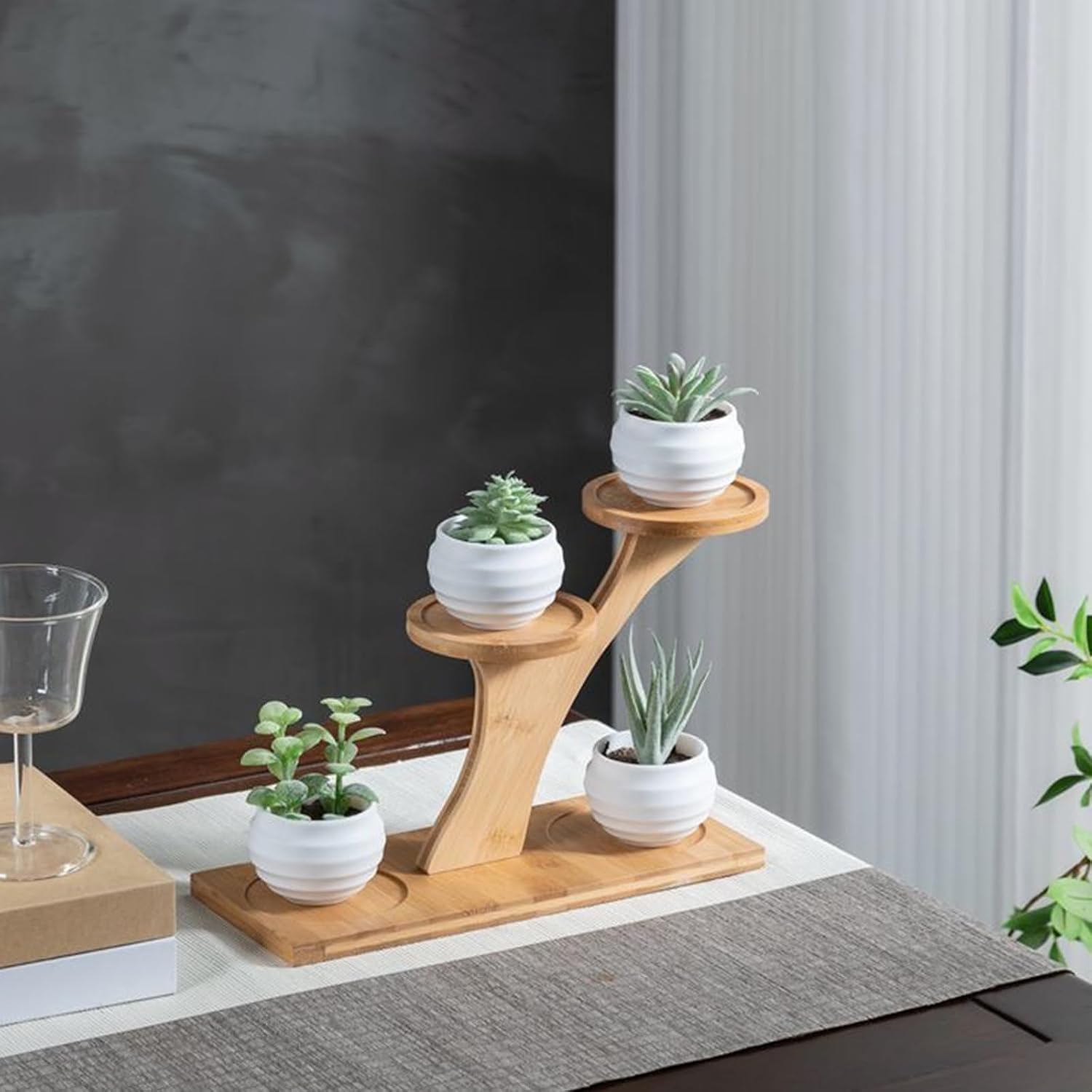 Window Sill Plant Shelf，Desk Desktop Bamboo Plant Stand， Table Succulent Plant Stand for Home, Office, Living Room, Bedroom Decoration