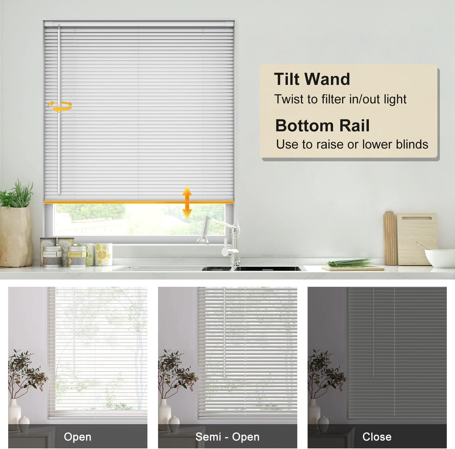 LazBlinds No Tools No Drill 1" Vinyl Mini Blinds, Cordless Blinds for Windows, Light Filtering Horizontal Window Blinds & Shades, 23" W x 36" H, White