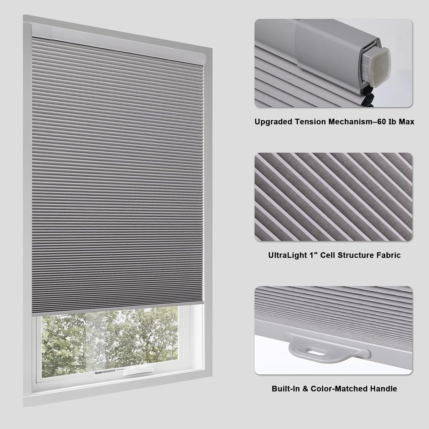 Tonature No Drill Cellular Shades for Indoor Windows, Thermal Insulating & Noise Reducing Honeycomb Blinds, Free Stop Cordless Blackout Shades, Grey, 22" W x 64" H