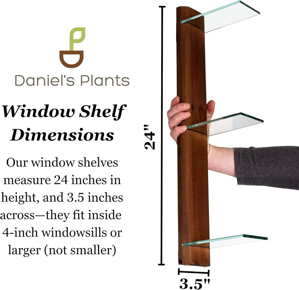 Daniel's Plants 3-Tier Modern Window Sill Plant Shelf (Real Wood & Glass) | No-Drill, Easy Setup | Solid Wood (Woodland Brown)