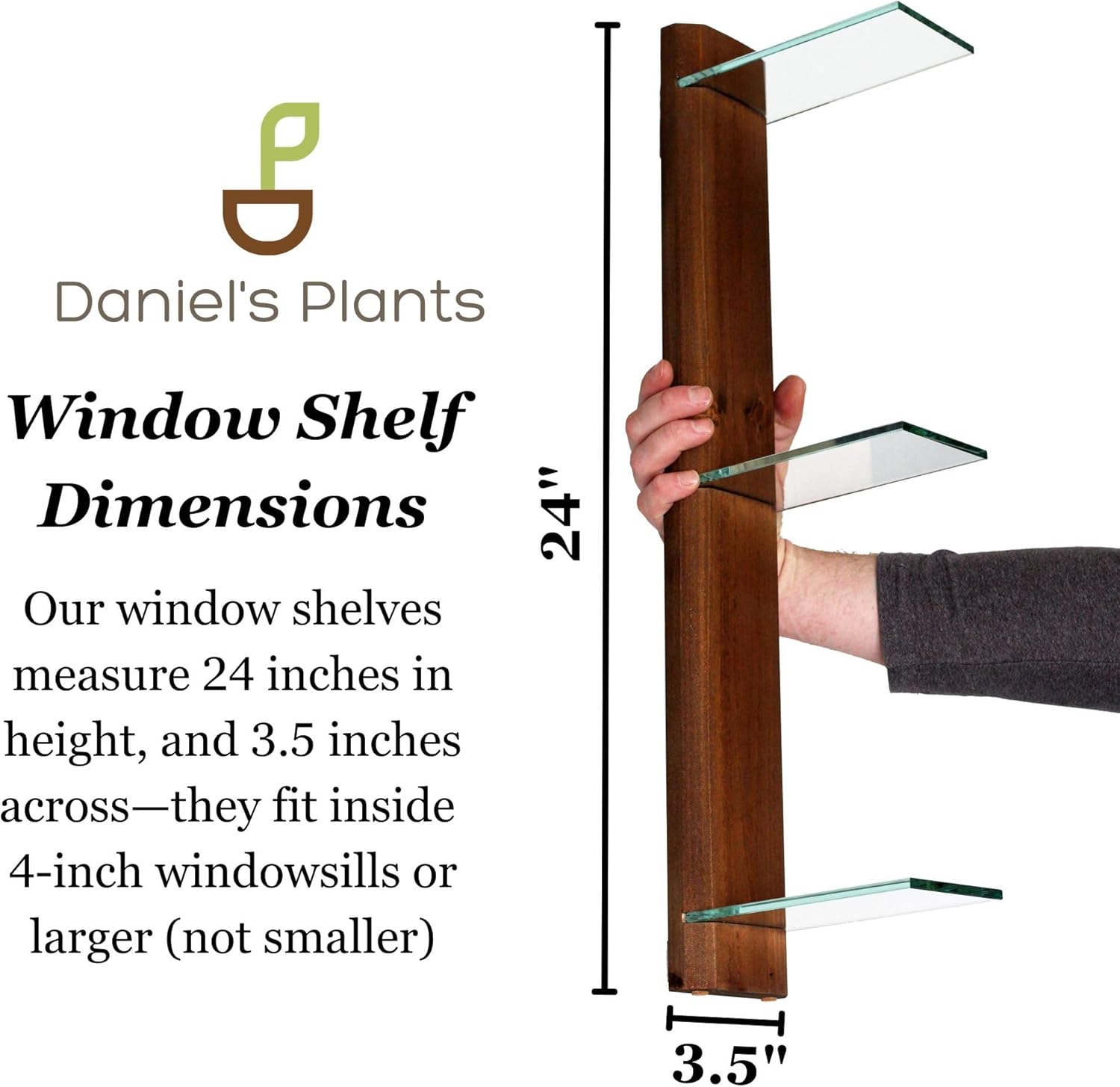 Daniel's Plants 3-Tier Modern Window Sill Plant Shelf (Real Wood & Glass) | No-Drill, Easy Setup | Solid Wood (Woodland Brown)