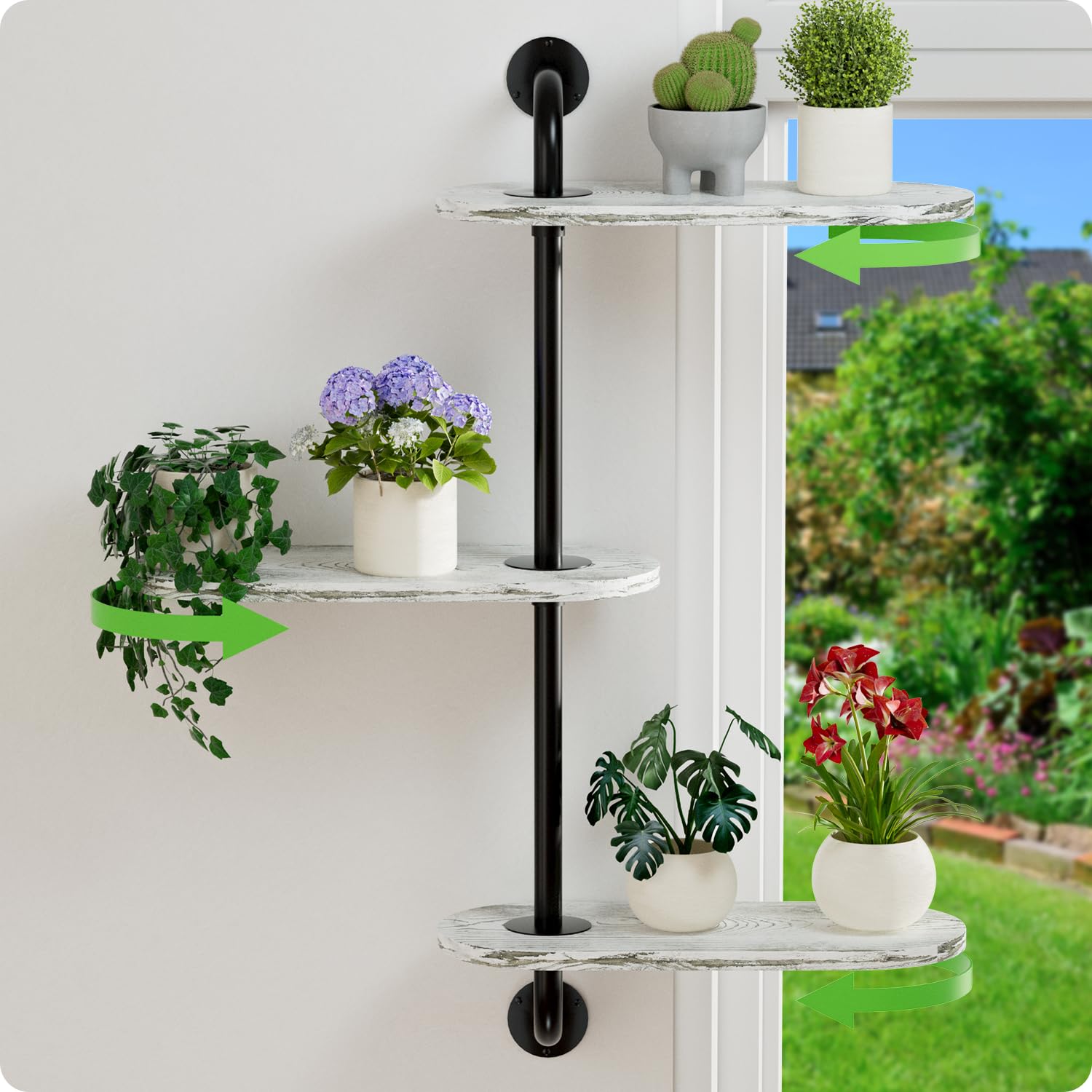 Rotating Window Plant Shelves 3-Tier, Wooden Window Shelf for Plants, Window Sill Plant Shelf Space-Saving for Multiple Plants, Corner Hanging Plant Wall Shelf, Indoor Plant Stand Home Decor