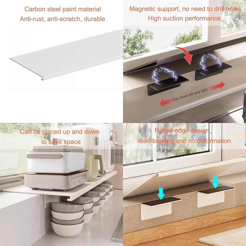 Window Sill Extender Plate, White Carbon Steel Storage Shelf, Countertop Extension Board with Magnetic Base for Kitchen Bathroom Balcony (40x20cm/15.7x7.9in)