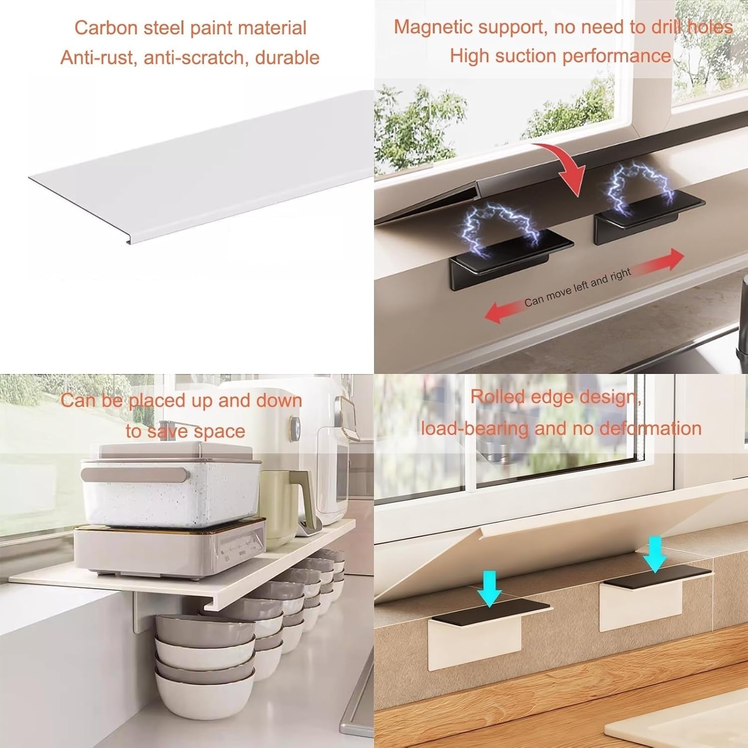 Window Sill Extender Plate, White Carbon Steel Storage Shelf, Countertop Extension Board with Magnetic Base for Kitchen Bathroom Balcony (40x20cm/15.7x7.9in)