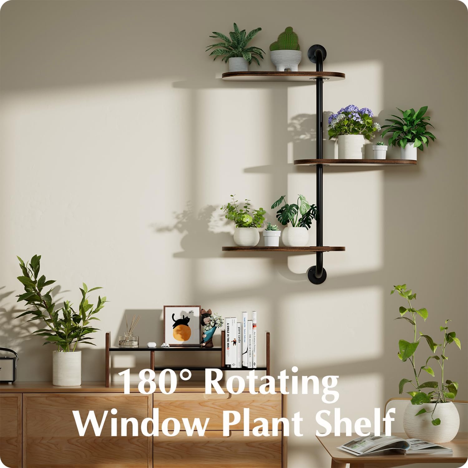 Rotating Window Plant Shelves 3-Tier, Wooden Window Shelf for Plants, Window Sill Plant Shelf Space-Saving for Multiple Plants, Corner Hanging Plant Wall Shelf, Indoor Plant Stand Home Decor