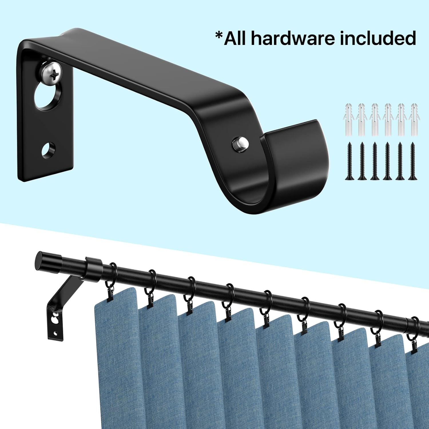 Black Curtain Rods Set of 2, Adjustable 28-48 inch Curtain Rod Set for Windows, 5/8" Diameter Metal Drapery Rod for Bedroom, Kitchen, Heavy Duty Curtain Rods 2 Pack