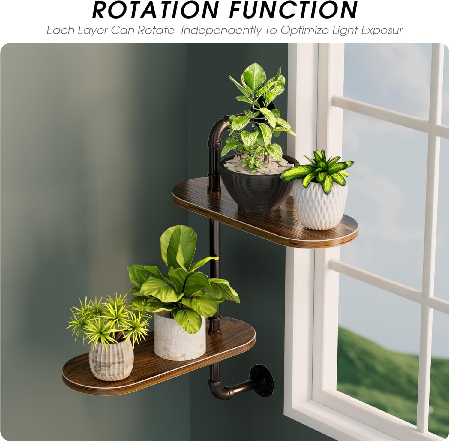 2-Tier Rotating Window Plant Shelf,Wooden Indoor Plant Stand for Optimal Light Exposure,180° Rotating Wall Plant Holder,Plant Shelves for Multiple Plants , Enhance Home Decor ,Gift for Plant Lovers