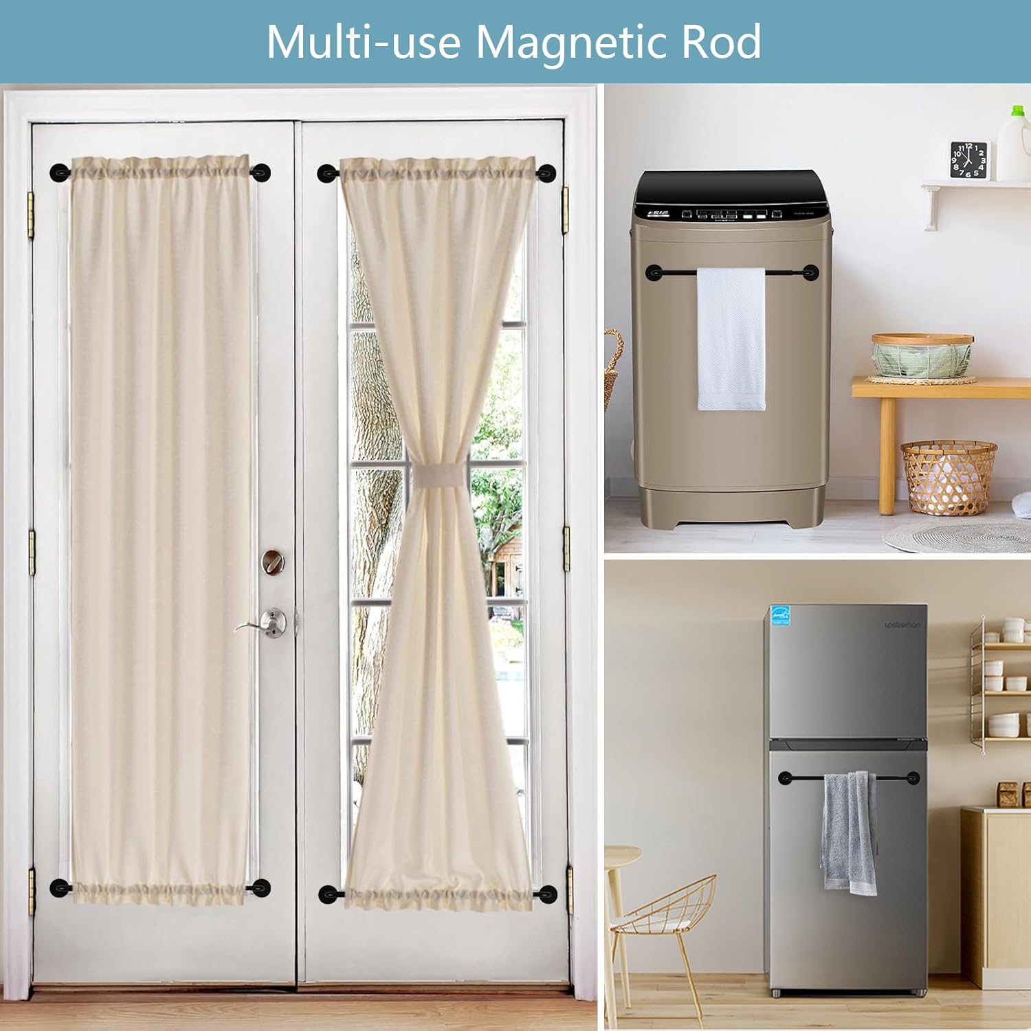TYRON Magnetic Curtain Rods Set of 2 for Metal Doors Adjustable 30"-40" Diameter 3/8" Magnetic Curtain Rods French Door Magnetic Curtain Rods