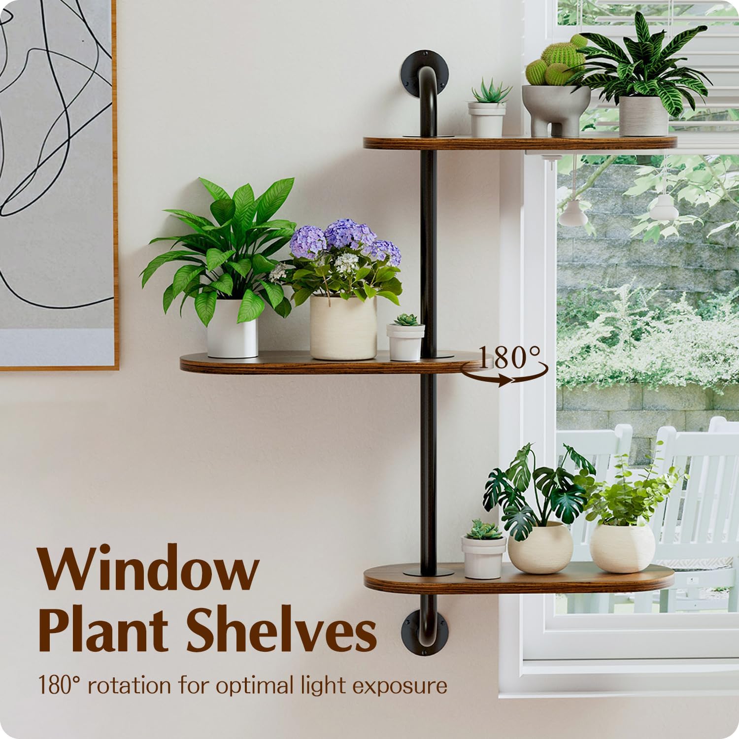 Rotating Window Plant Shelves 3-Tier, Wooden Window Shelf for Plants, Window Sill Plant Shelf Space-Saving for Multiple Plants, Corner Hanging Plant Wall Shelf, Indoor Plant Stand Home Decor