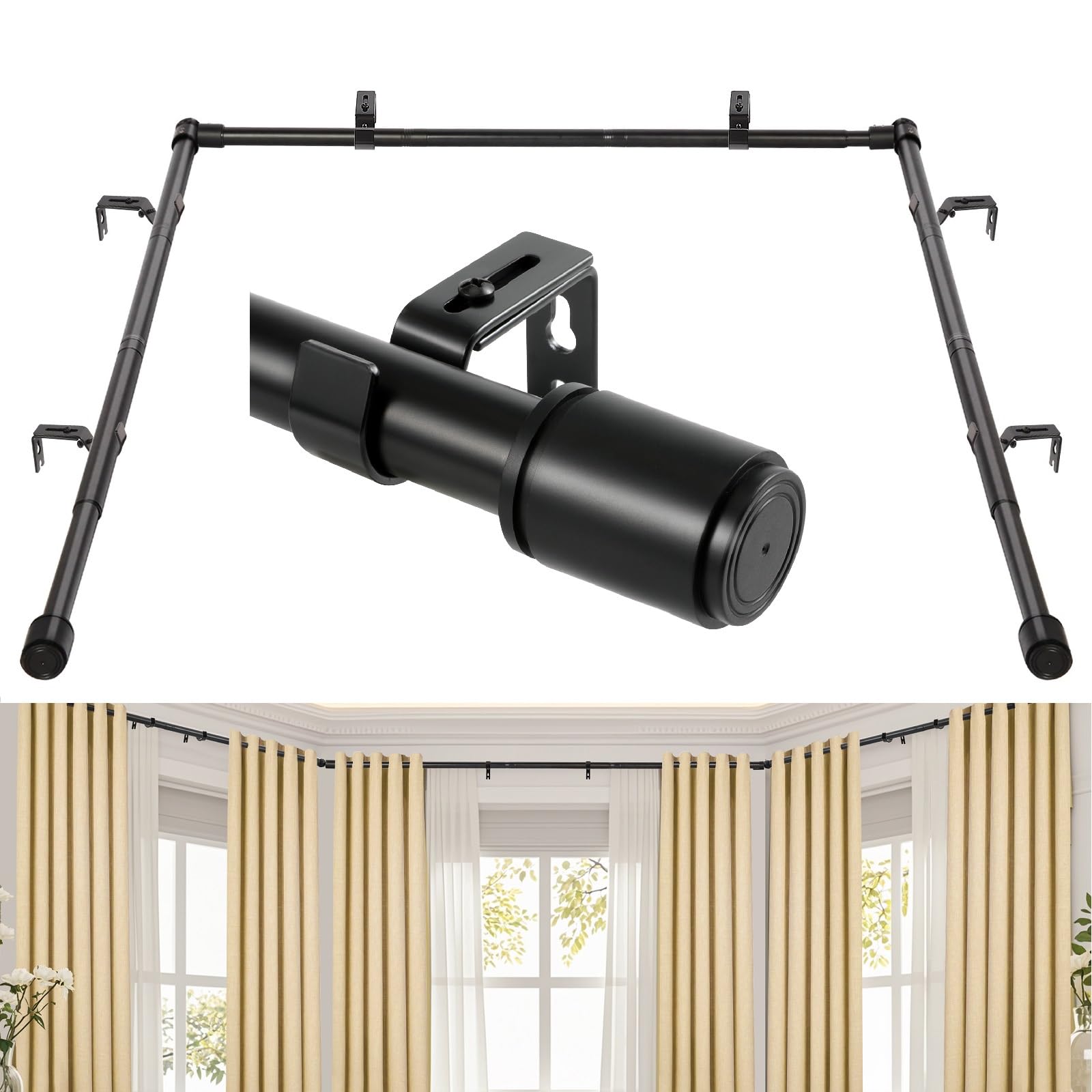 Heavy Duty 1 Inch Corner Curtain Rods Set 30-87 Inch Curtain Rod for Windows L Shaped Curtain Rods Window Curtain Rods Set (Black)