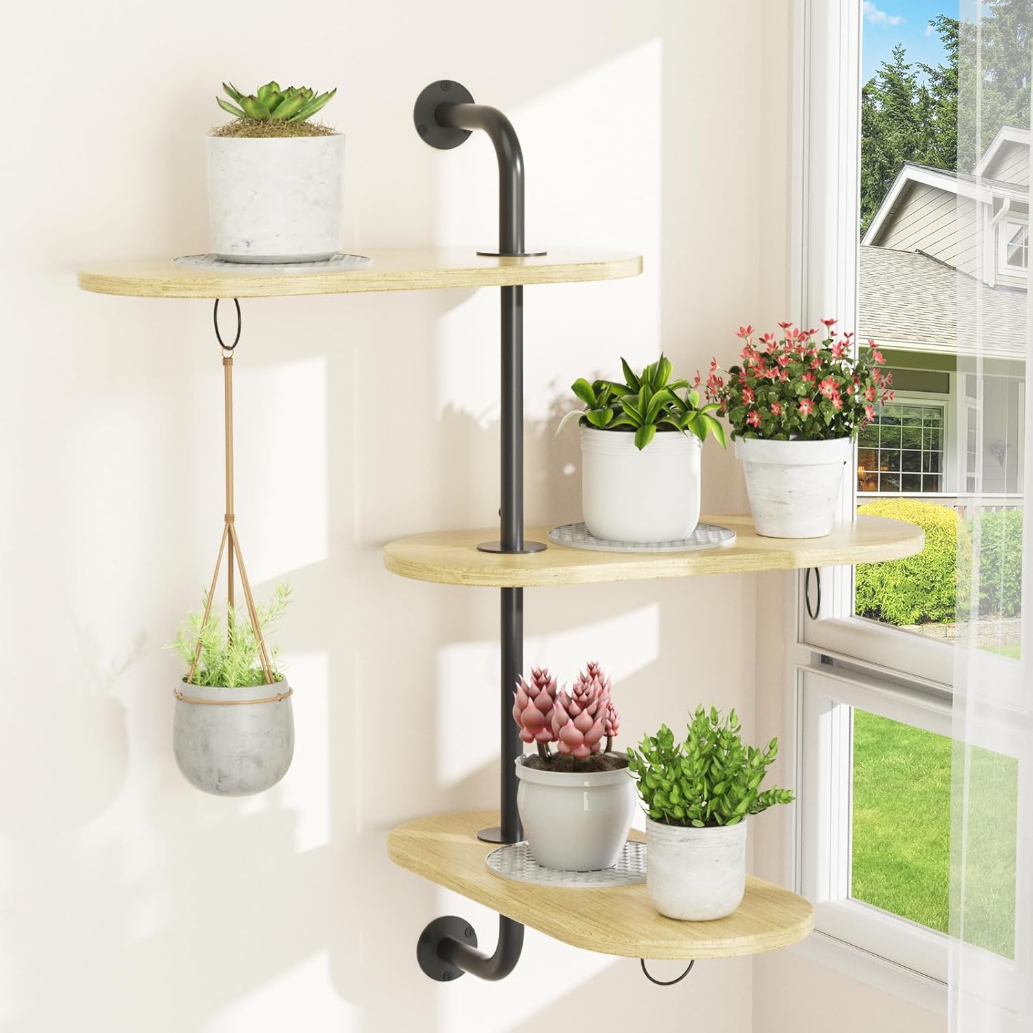 Rotating Window Plant Shelves with 3 Anti-slip Mats, 3 Tier Plant Stand Indoor Outdoor, Wooden Window Plant Shelf with 3 Circle Hook, Hanging Plant Holder for Window, Potted Plants, Flowerpots (Oak