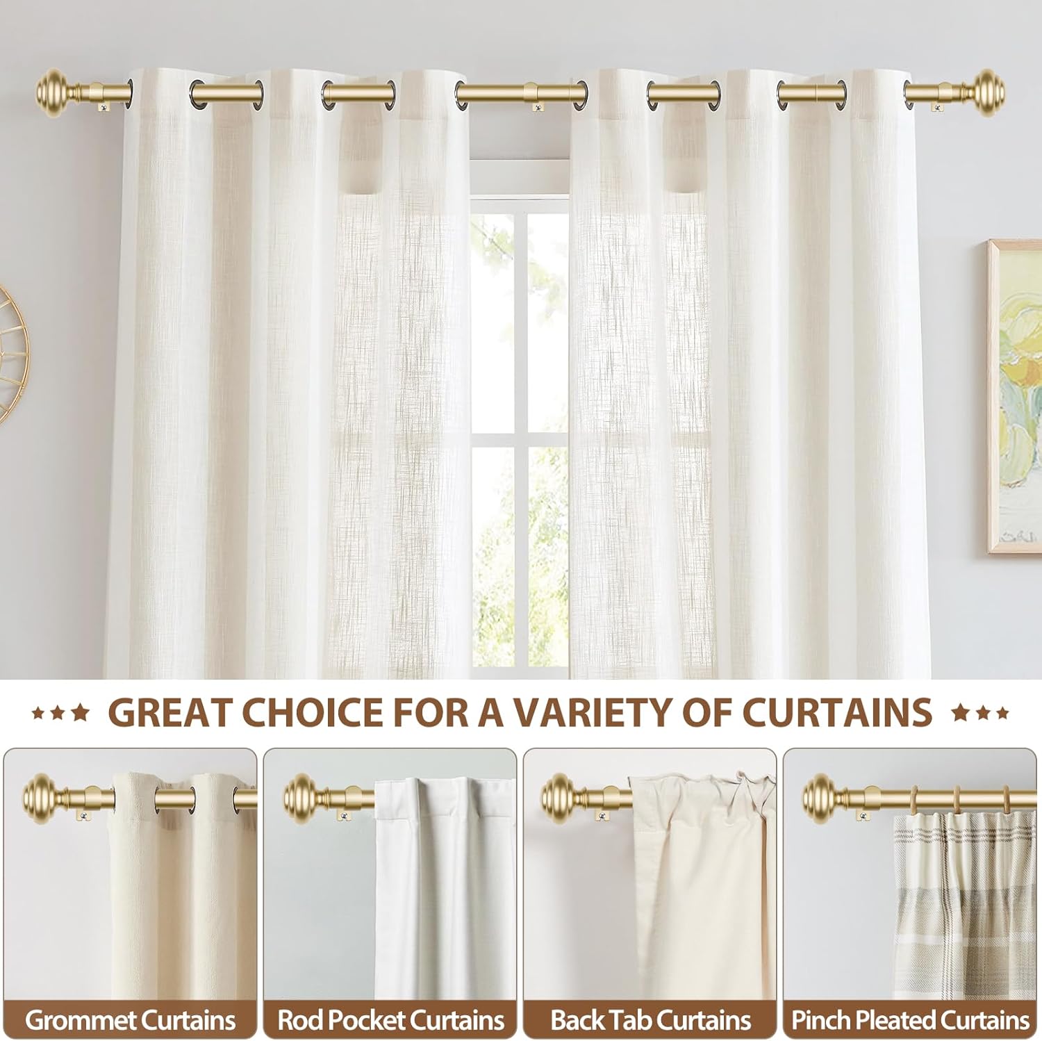 KAMANINA Curtain Rods for Windows 48 to 84 Inches (4-7ft) Heavy Duty Curtain Rods, 7/8 Inch Adjustable Decorative Drapery Rods Set with Modern Finials, Gold