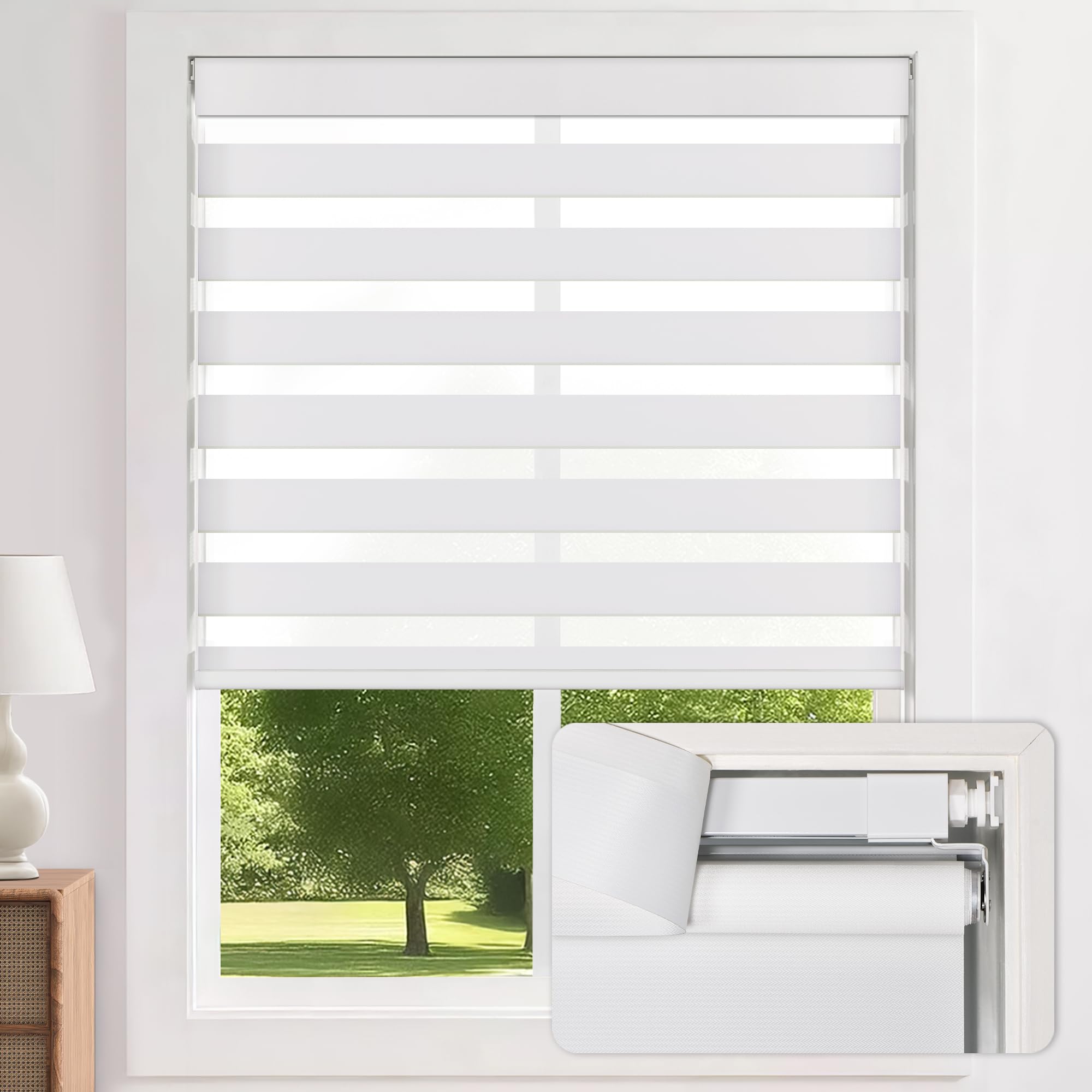 LazBlinds Cordless Zebra Blinds for Windows - Dual Layer Light Filtering & Blackout Roller Shades, Free-Stop Lift System, No Drill Easy Install, Day & Night Privacy with Valance, 19" W X 64" H, Grey