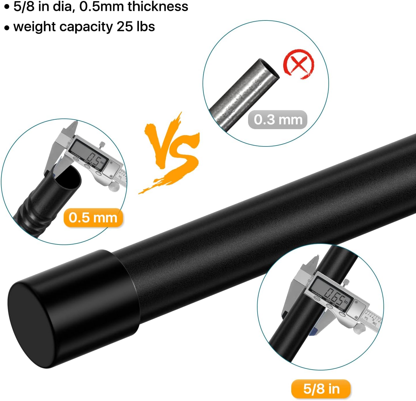 Black Curtain Rods Set of 2, Adjustable 28-48 inch Curtain Rod Set for Windows, 5/8" Diameter Metal Drapery Rod for Bedroom, Kitchen, Heavy Duty Curtain Rods 2 Pack