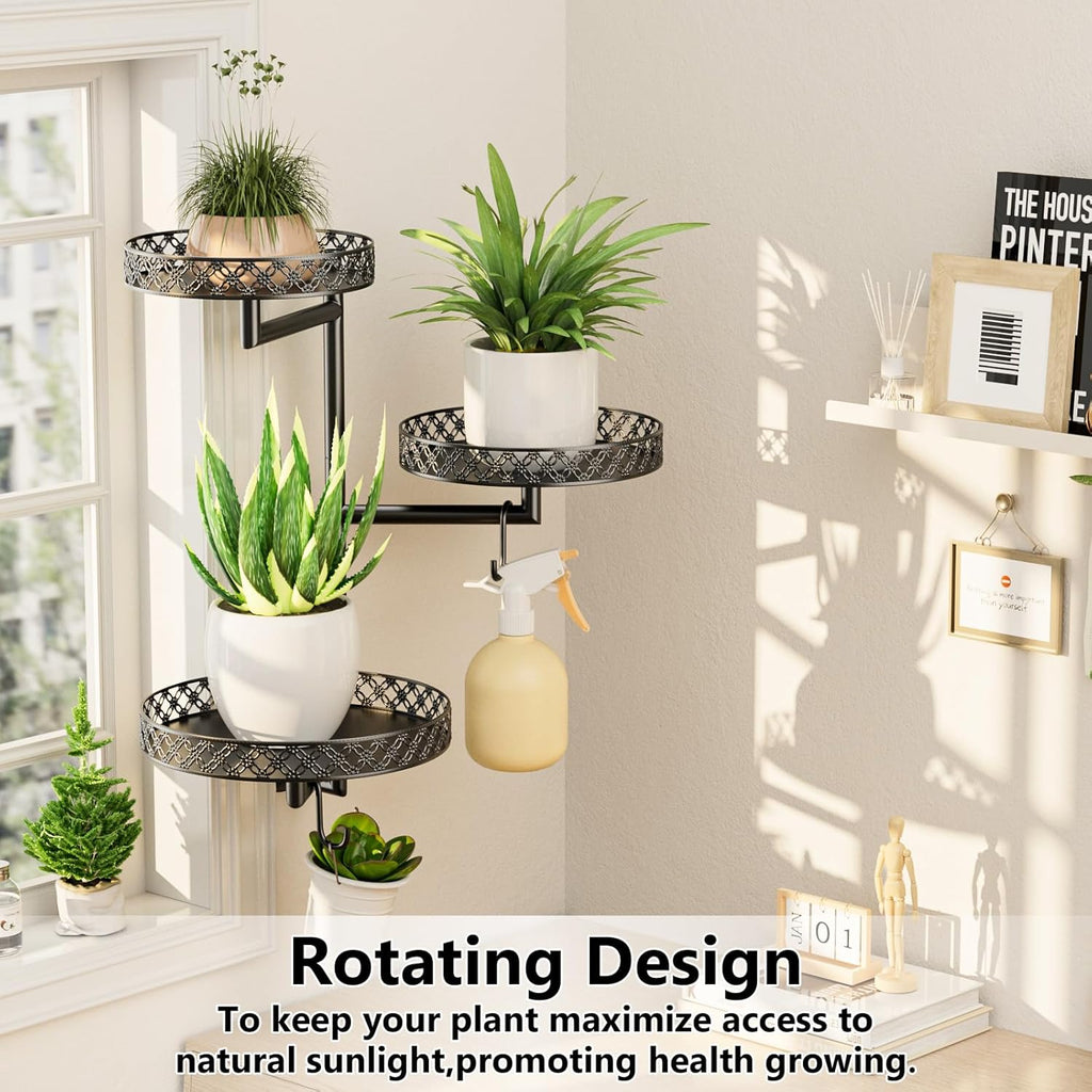 OVICAR Rotating Window Plant Shelves - Indoor Wall Plant Stand 3-Tier Floral Metal Window Shelf Holder for Multiple Plants with Hanging Hooks Home Decor Black