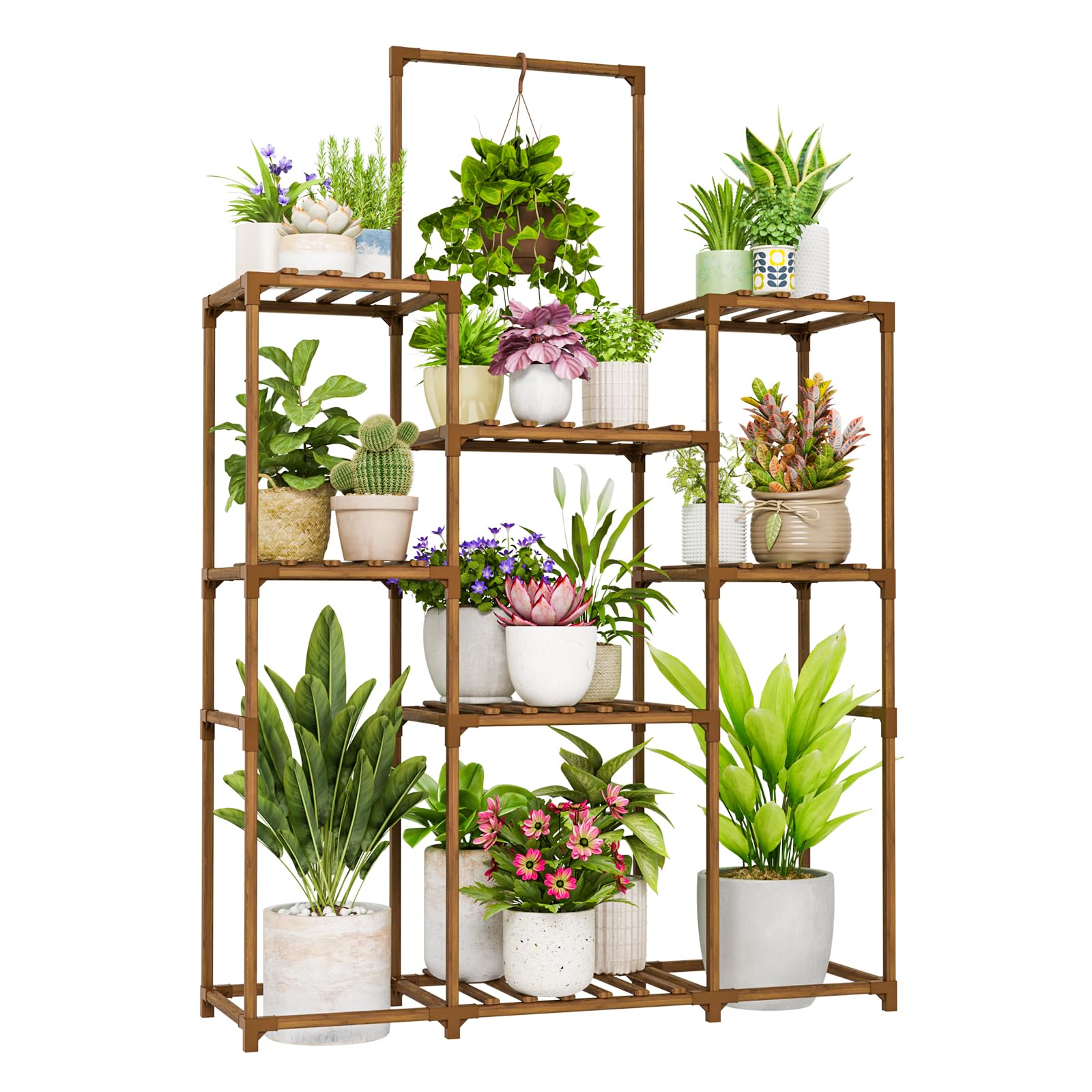 Bamworld Plant Shelf Indoor Outdoor Large Plant Shelf Tall Hanging Plant Holder Wood Flower Stand for Window Living Room Garden Balcony Home Decor Flower Patio 3 Tiers
