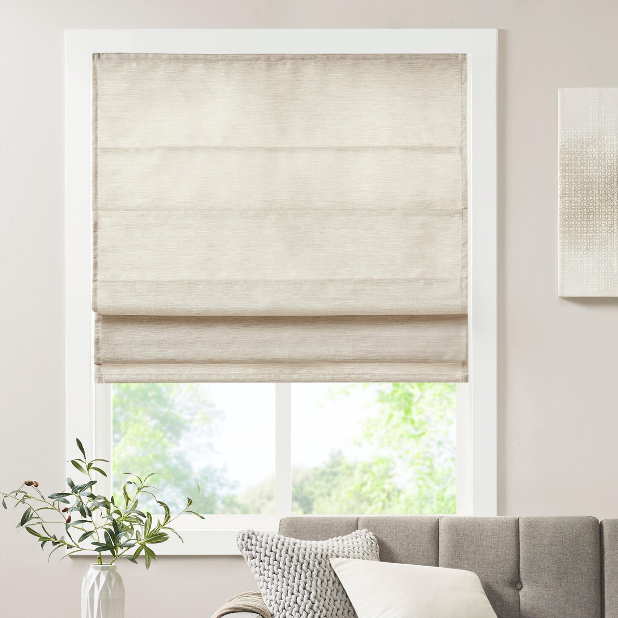 Madison Park Galen Cordless Roman Shades - Fabric Privacy Single Panel Darkening, Energy Efficient, Thermal Insulated Window Blind Treatment, for Bedroom, Living Room Decor, 35" x 64", Ivory