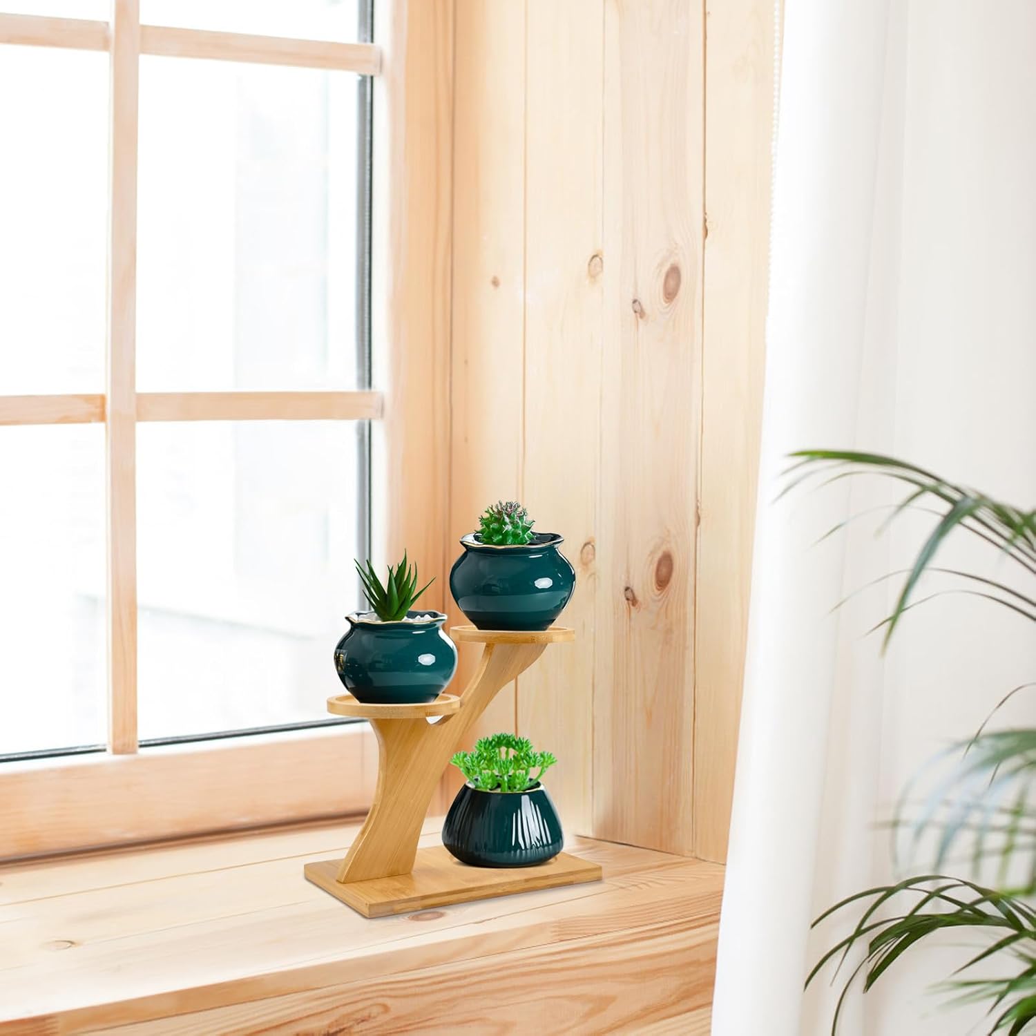 XXXFLOWER Bamboo Plant Stand ,3 Tiers Indoor Succulent Windowsill Shelf - Small Tabletop Plant Holder for Home, Office, Living Room, Bedroom Decoration 2pc