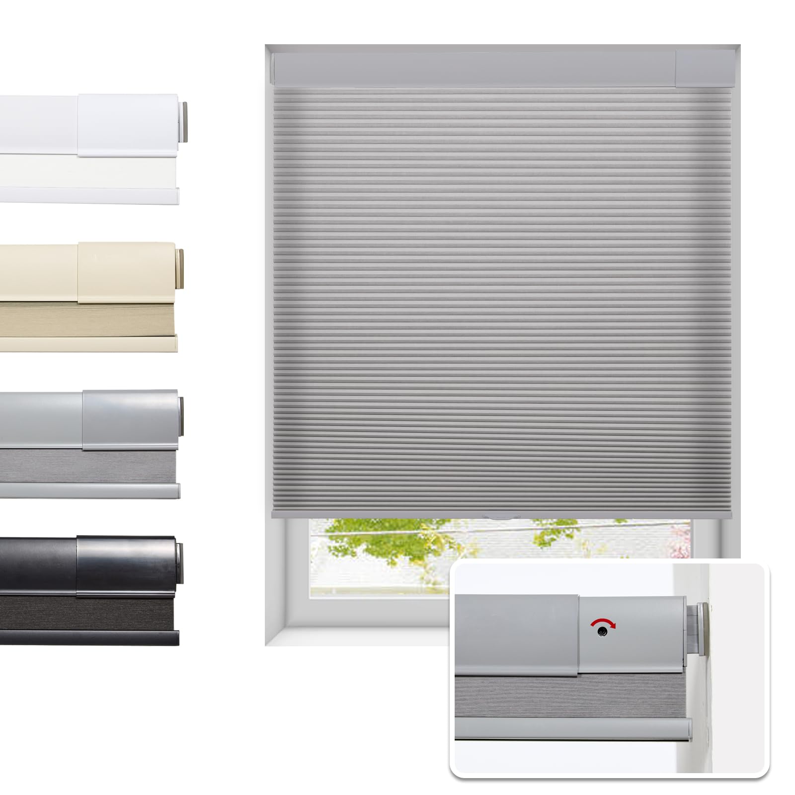 Tonature No Drill Cellular Shades for Indoor Windows, Thermal Insulating & Noise Reducing Honeycomb Blinds, Free Stop Cordless Blackout Shades, Grey, 22" W x 64" H