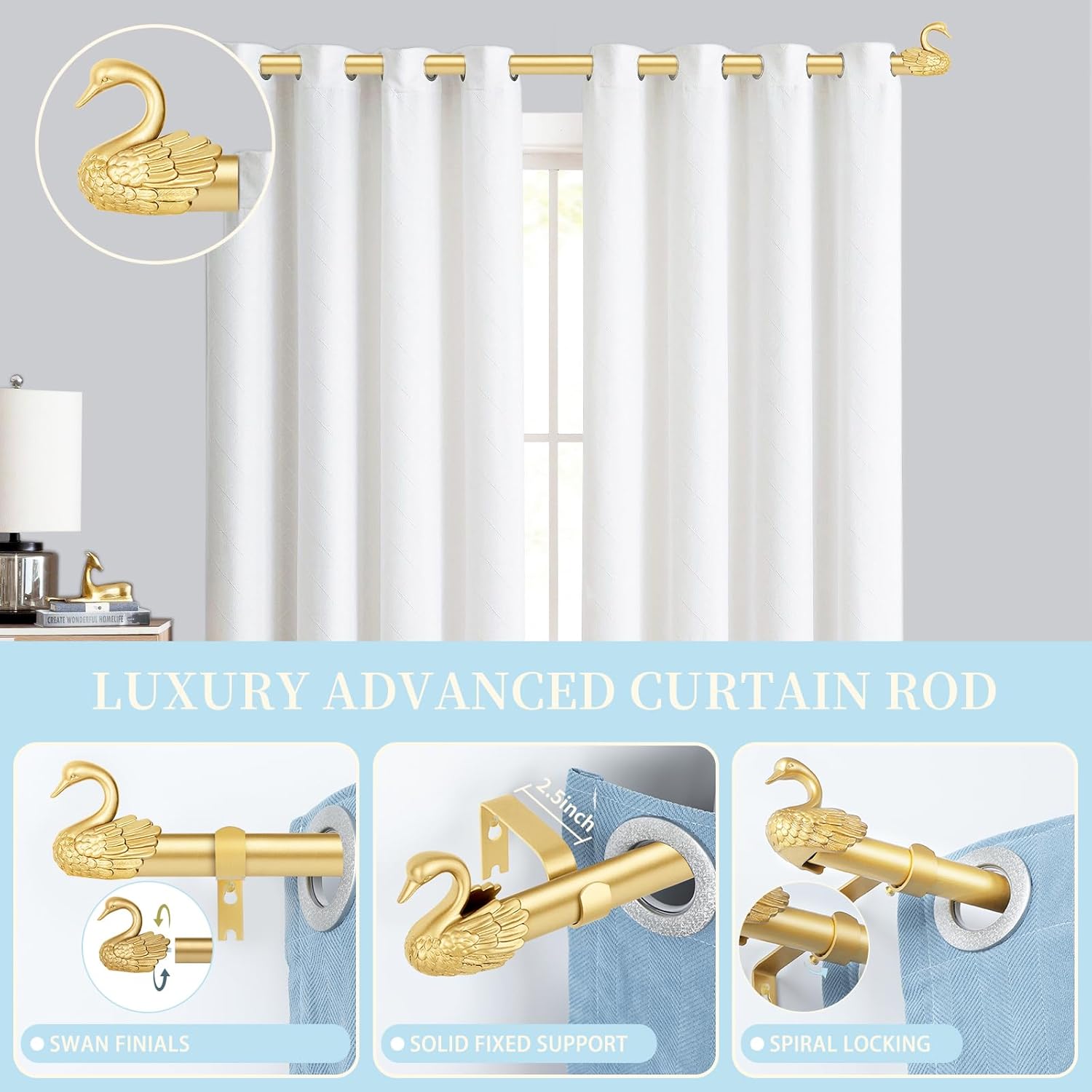 TANGWIN 2 Pack Gold Curtain Rods 48 to 84 Inch,1 Inch Heavy Duty Curtain Rods with Brackets,Adjustable Curtain Rod Set,Decorative Swan Finials Drapery Pole,Single Rod for Bedroom 36-88",Brass Gold