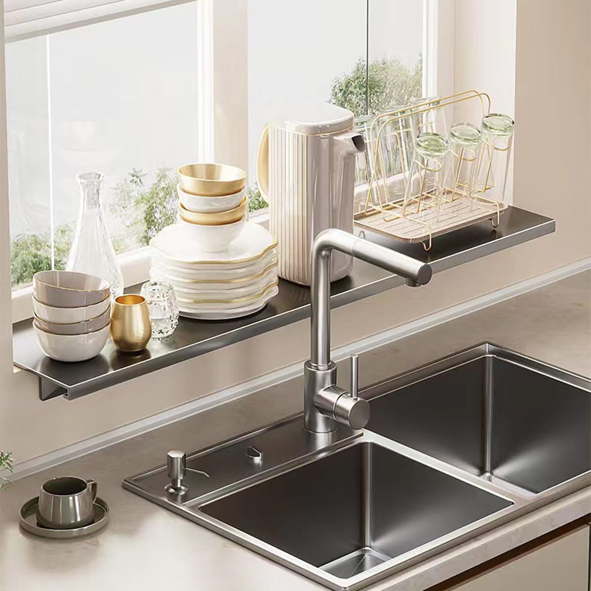 Window Sill Extender Plate, 15.8inch Carbon Steel Storage Shelf, Heavy Duty Countertop Extension Board with Magnetic Base for Kitchen Organization Storage (40x20cm/15.8x7.8in)