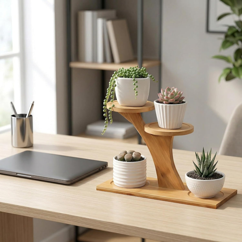 Small Bamboo Plant Stand - 3 Tier Window Plant Shelf for Indoor Plants | Wooden Flower Stand & Tabletop Plant Holder for Windowsills
