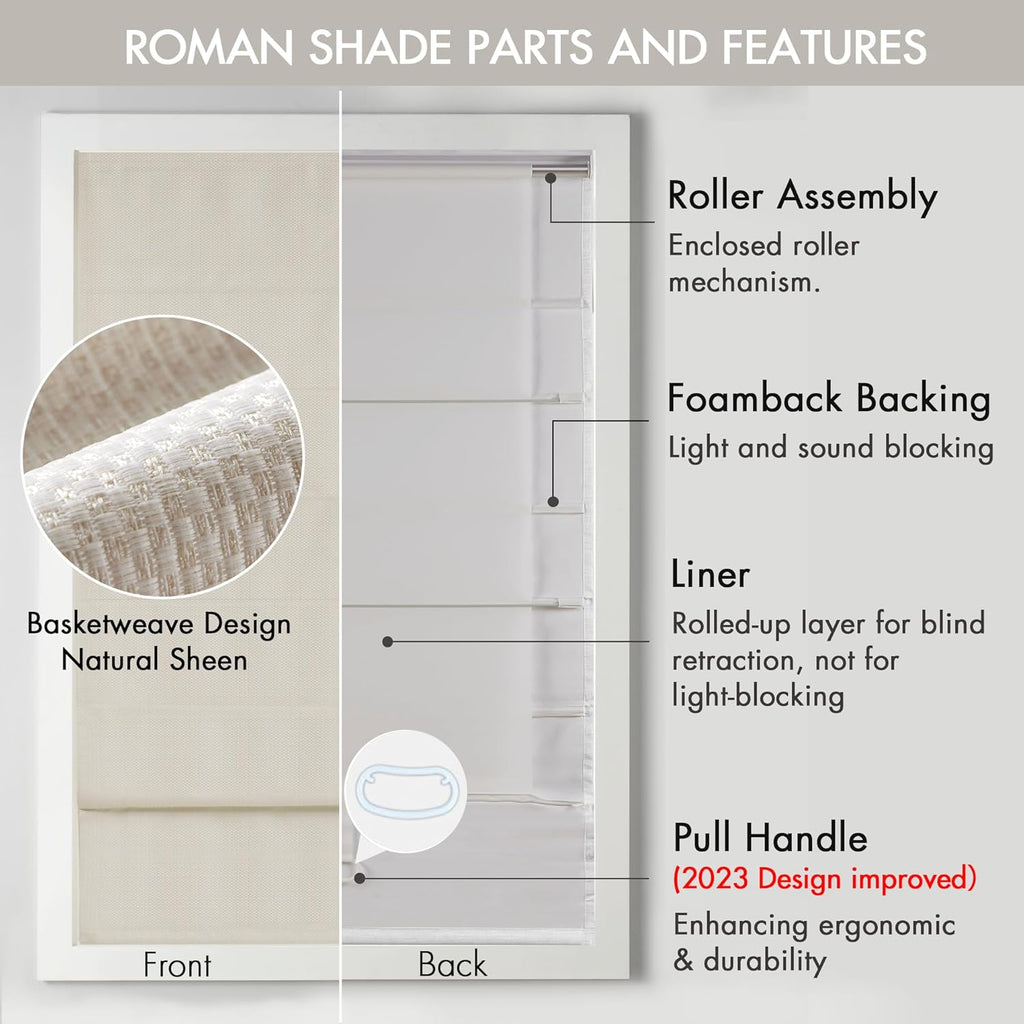 Madison Park Galen Cordless Roman Shades - Fabric Privacy Single Panel Darkening, Energy Efficient, Thermal Insulated Window Blind Treatment, for Bedroom, Living Room Decor, 35" x 64", Ivory
