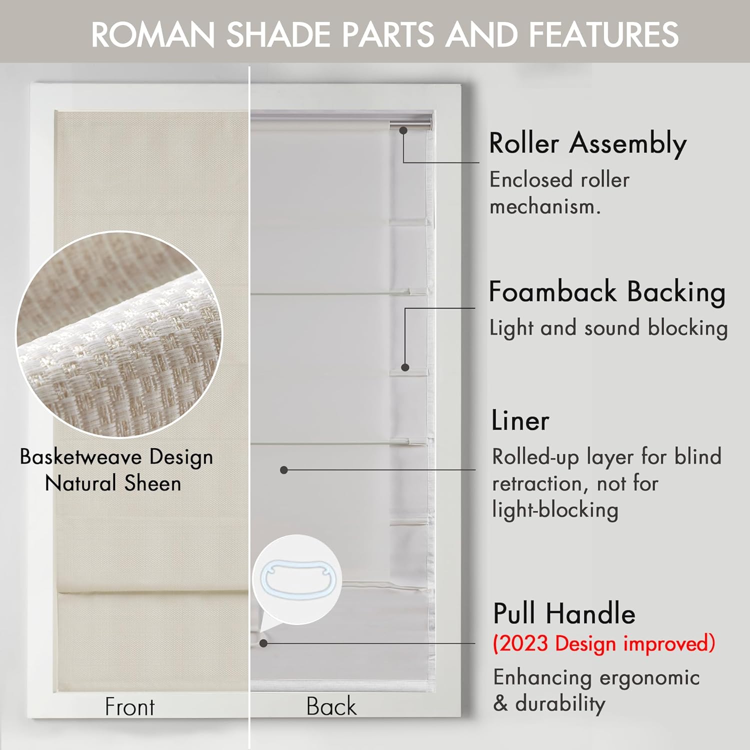 Madison Park Galen Cordless Roman Shades - Fabric Privacy Single Panel Darkening, Energy Efficient, Thermal Insulated Window Blind Treatment, for Bedroom, Living Room Decor, 35" x 64", Ivory