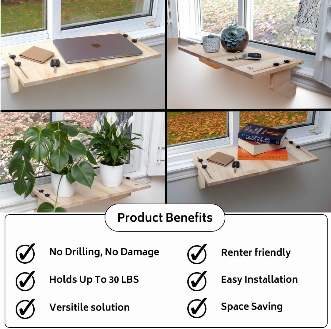 Window Plant Shelf, Window Shelf for Plants and Sill Extender - Wooden Plant Shelf for Window Shelf - Window Plant Holder