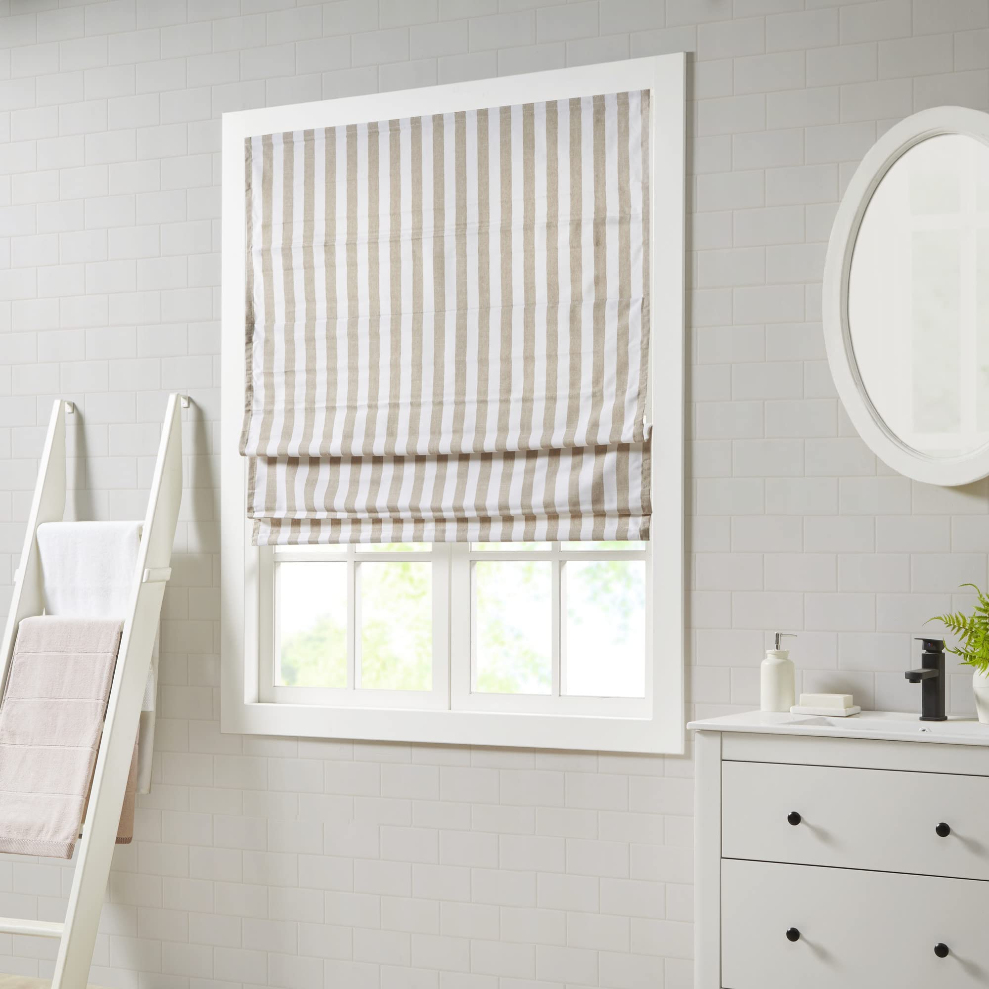 Madison Park Galen Cordless Roman Shades - Fabric Privacy Single Panel Darkening, Energy Efficient, Thermal Insulated Window Blind Treatment, for Bedroom, Living Room Decor, 35" x 64", Ivory