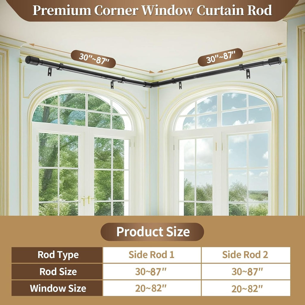 Heavy Duty 1 Inch Corner Curtain Rods Set 30-87 Inch Curtain Rod for Windows L Shaped Curtain Rods Window Curtain Rods Set (Black)
