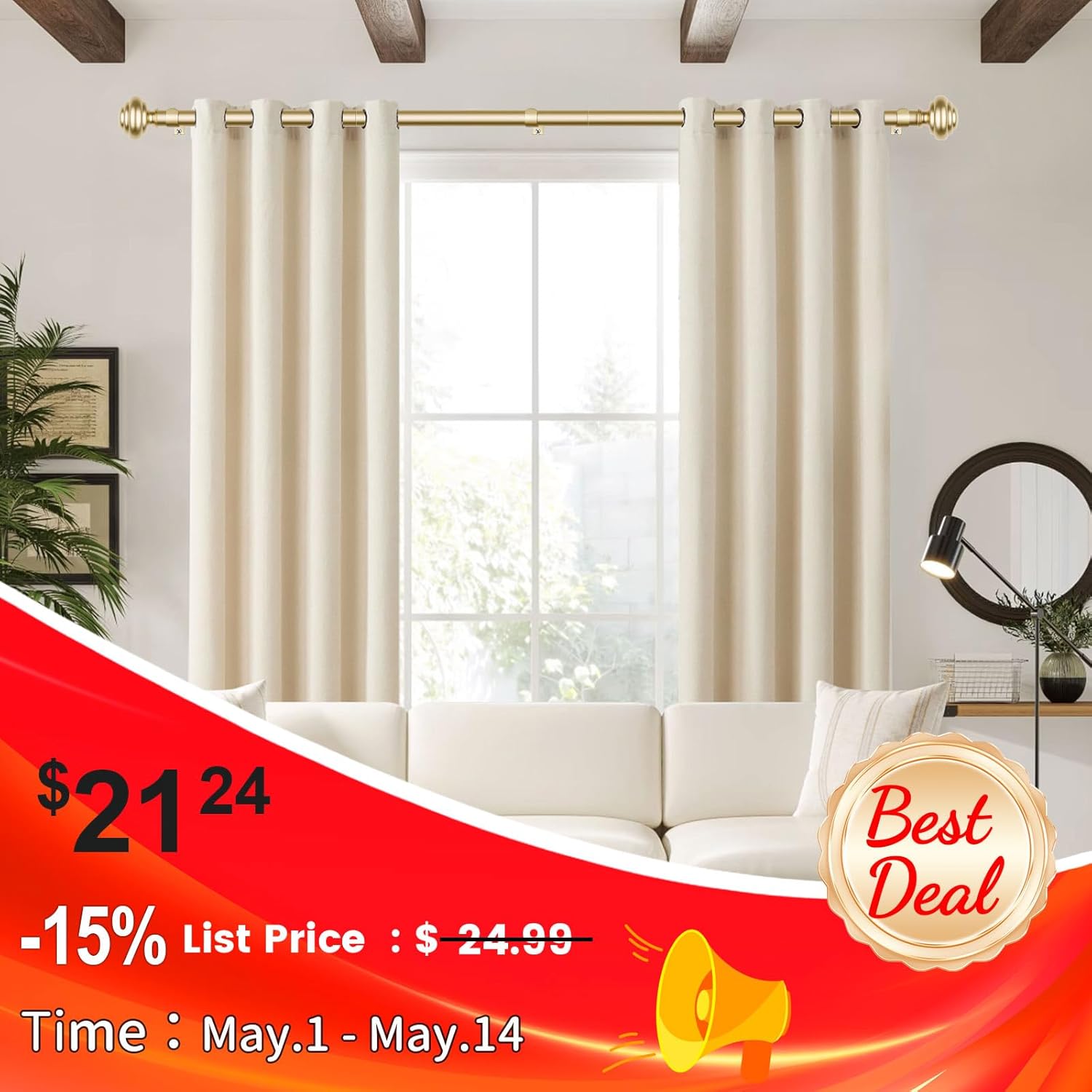 KAMANINA Curtain Rods for Windows 48 to 84 Inches (4-7ft) Heavy Duty Curtain Rods, 7/8 Inch Adjustable Decorative Drapery Rods Set with Modern Finials, Gold