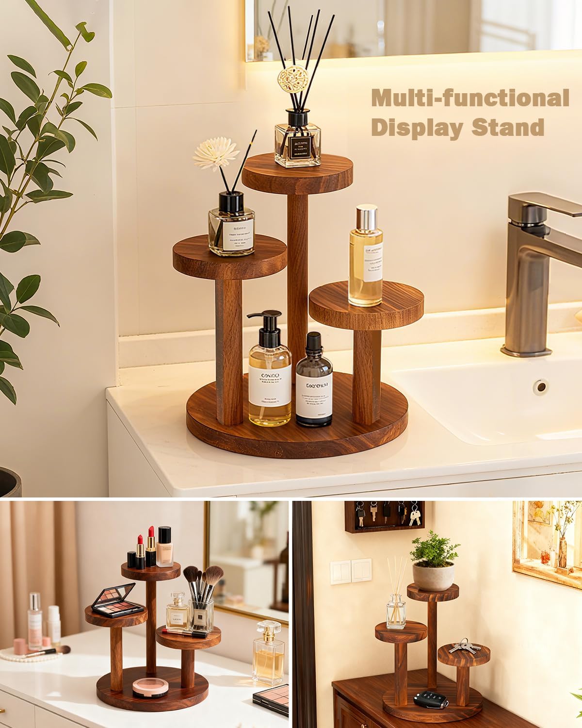 3 Tier Table Top Plant Stand Wooden Round,Small Window Sill Plant Shelf Indoor,Mini Desk Flower Succulent Stand Holder Rack,Little Display Stand for Desktop,Windowsill,Countertop,Kitchen,Oil Painting
