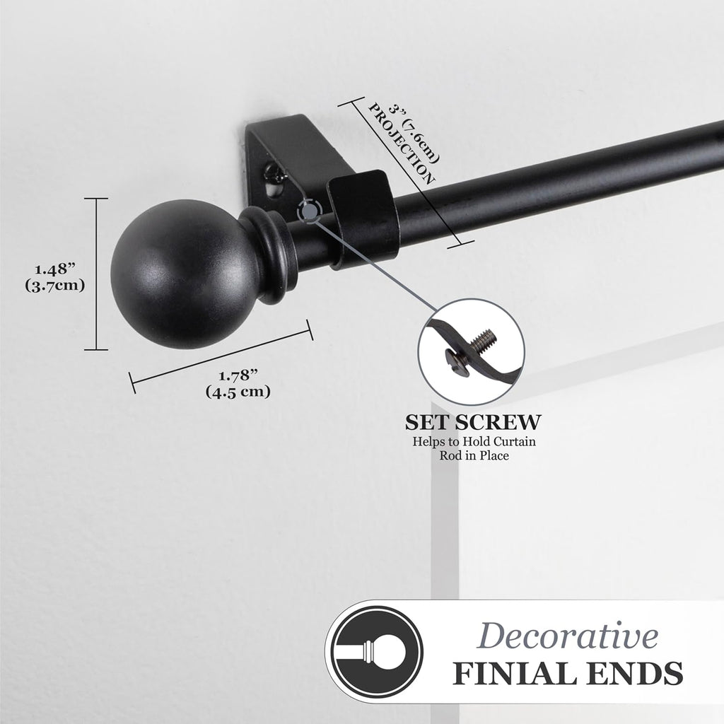 Kenney Chelsea Ball End Window Curtain Rod, Adjustable Curtain Rod for Windows 28 to 48 Inches, Extendable Curtain Rod Set, Black Curtain Rod