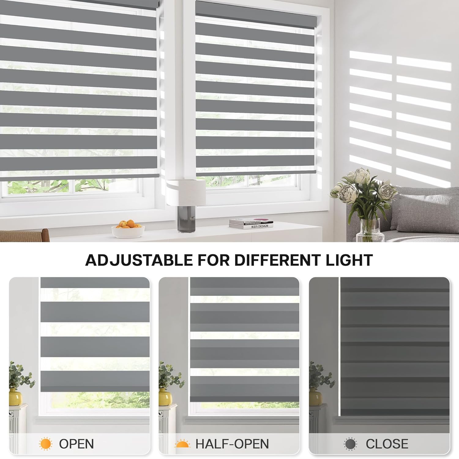 LazBlinds Cordless Zebra Blinds for Windows - Dual Layer Light Filtering & Blackout Roller Shades, Free-Stop Lift System, No Drill Easy Install, Day & Night Privacy with Valance, 19" W X 64" H, Grey